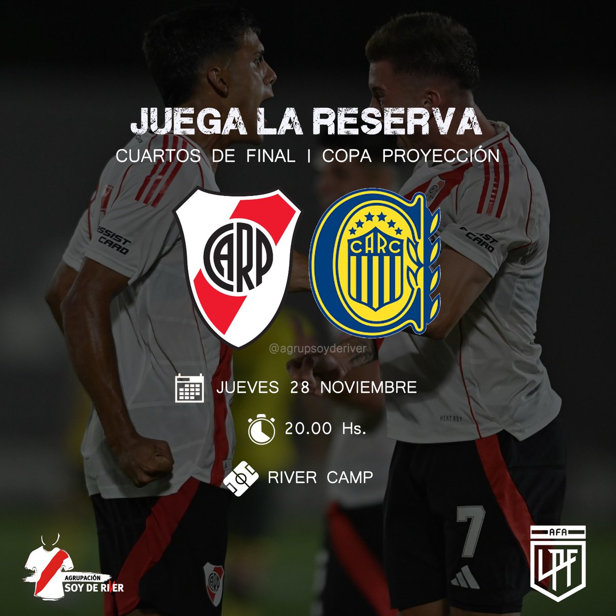 𝗝𝗨𝗘𝗚𝗔 𝗟𝗔 𝗥𝗘𝗦𝗘𝗥𝗩𝗔
Luego de ganarle a Defensa y Justicia, el equipo de Marcelo Escudero buscará meterse en la semifinal del torneo.
•
⚽ River Plate 🆚️ Rosario Central
🏆 Copa Proyección | División Reserva
📆 Jueves 28/11
🕑 20.00 Hs.
🏟️ River Camp
📺 LPF Play