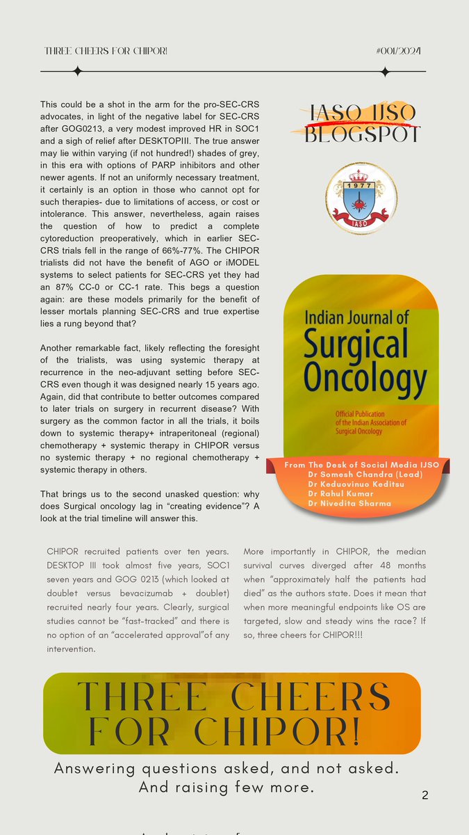 drdharmapoonia's tweet photo. #Dig_deep into #CHIPOR trial published in @TheLancetOncol , @SoCh47306 @somusp9 @IASO_IJSOonline @DrPankajGarg
Valid points highlighted
First relapsed (DFS 6m or more) ovarian #Cancer
n 415, #Cisplatin based #HIPEC, HR: 0 .73 (0.73-0.96) 6y-OS, reinforce @annafagottimd https://t.co/morIAVZhDi