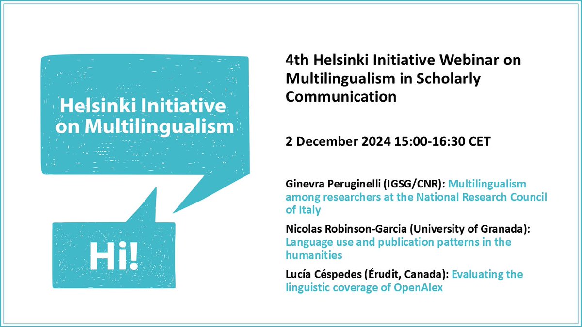 eruditorg's tweet image. 📢 Webinaire de l'Initiative d'Helsinki
#Multilinguisme dans les sciences et sciences humaines : @c_est_lucy présente une nouvelle étude qui évalue la couverture linguistique et la précision des métadonnées d'#OpenAlex.
🕞 2 déc. 2024, à 15 h HEC
👉helsinki-initiative.org/en/events/4th-…