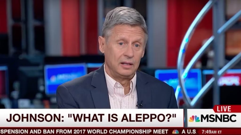 smuzi_uzi's tweet image. Who remembers when the libertarian candidate blew his chances at advancing a third party with this big brain moment !! #whatisaleppo