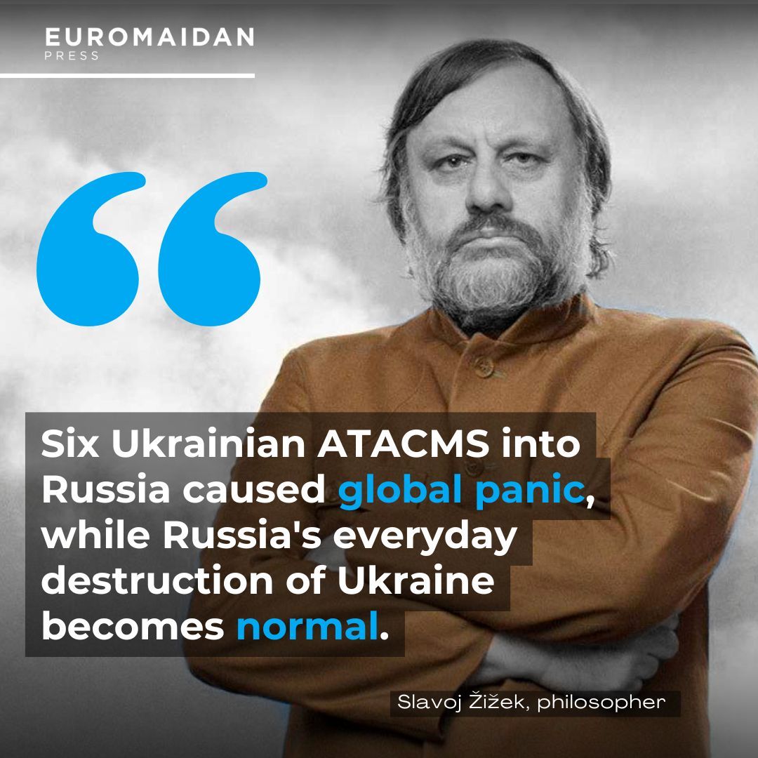 EuromaidanPress's tweet photo. After the US approved ATACMS missiles for Ukraine, Kyiv fired six at a military site in Russia’s Bryansk, sparking global panic and claims of “escalation.”

Today, Russia launched 91 missiles and up to 100 drones at Ukraine’s energy grid with little global outcry.

The situation is as obscene as it is absurd, says philosopher Slavoj Žižek.
