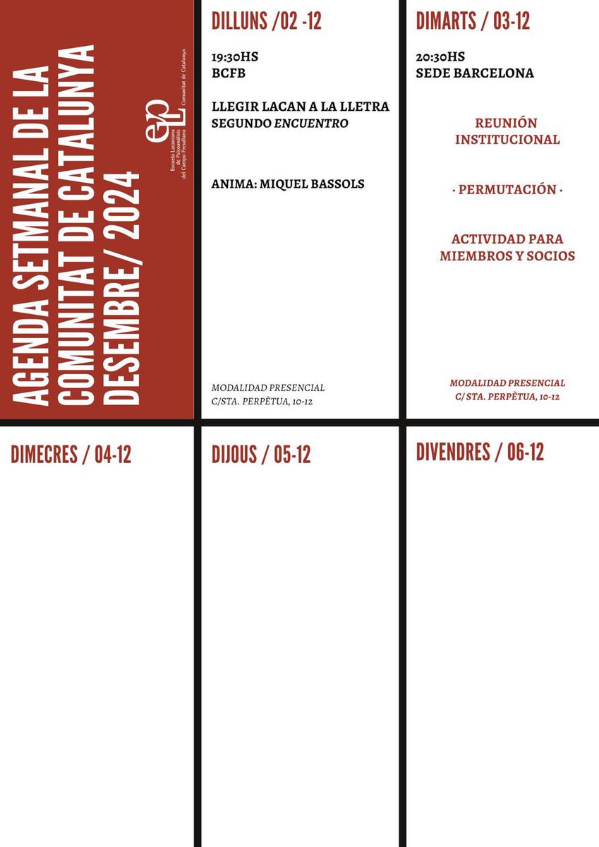 📅Agenda setmanal de la CdC-ELP del 2 al 6 de desembre de 2024