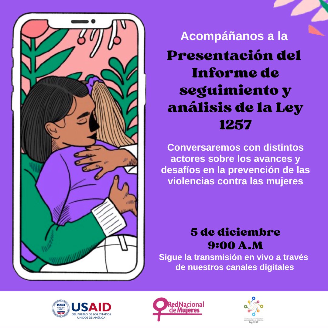 RNMColombia's tweet photo. 🟣 #Agéndate y acompáñanos a la presentación del Informe de Seguimiento y análisis de la Ley 1257, donde entregaremos un balance sobre el estado de implementación de esta Ley.

📅 5 de diciembre
🕛 9:00 a.m.
📍A través de nuestras plataformas digitales 

#GenerandoEquidad https://t.co/fW3RRN974T