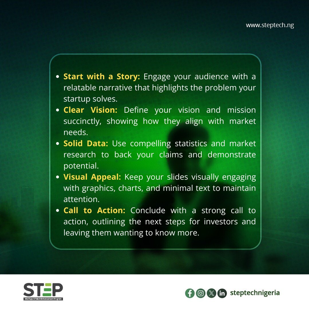 ideaafricaa's tweet photo. Your pitch deck is often the first impression you make on investors.

Master the art of storytelling to showcase your value proposition, market potential, and growth trajectory with impact.

#STEP #PitchDeck #STEPCommunity #Entrepreneurship #TechStartups #BusinessGrowth https://t.co/QAt2EsBgSx
