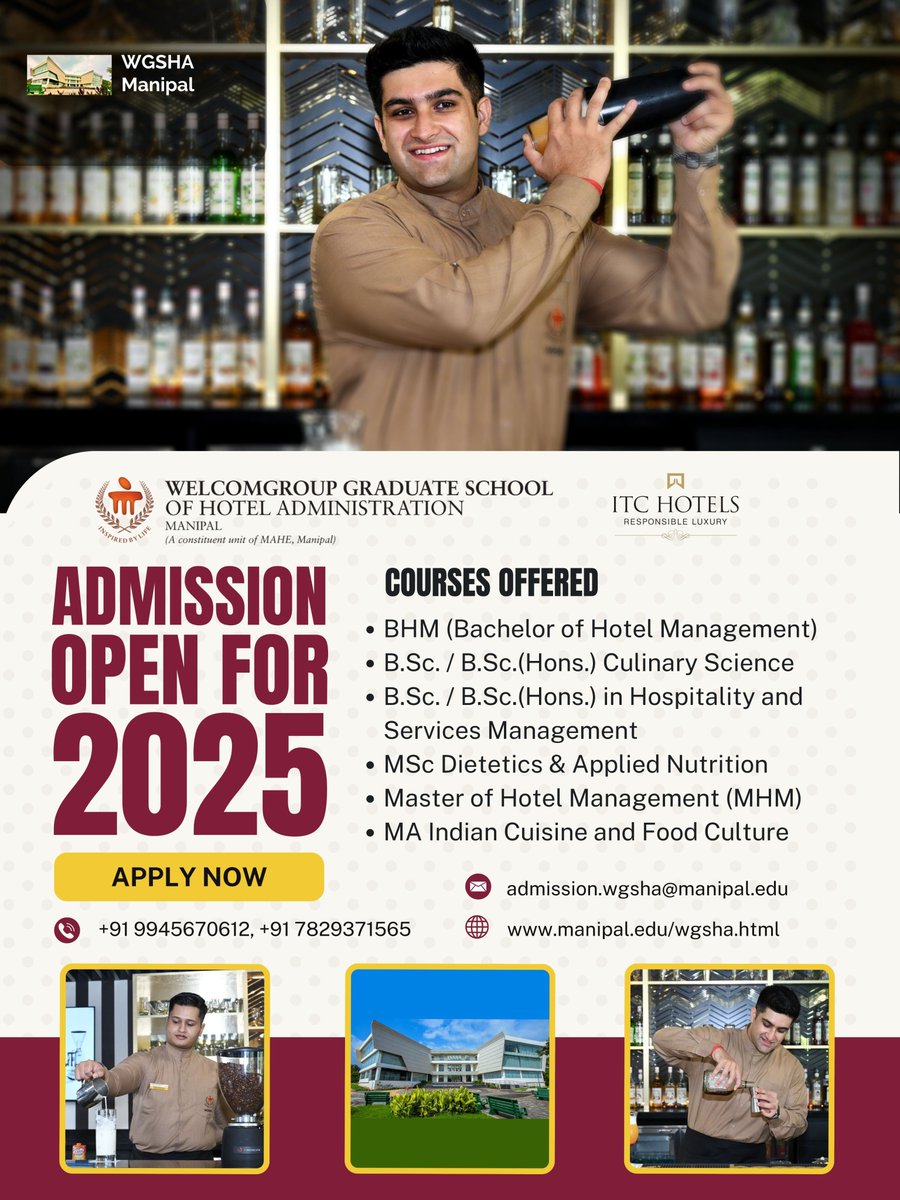 WManipal's tweet image. Welcomgroup Graduate School of Hotel Administration (WGSHA) is now accepting admission for 2025. Be a part of this transformative journey.
Apply Now! apply.manipal.edu
More details - manipal.edu/wgsha.html
#AdmissionsOpen #hotelmanagement #culinaryschool #CulinaryScience