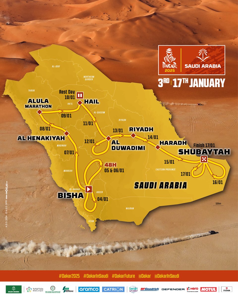 👇 The official route of Dakar 2025!
🚩 Bisha - Shubaytah 🏁
🏍 7,706 km (5,146 km of SS)
🚗 7,759 km (5,115 km of SS)

 🔜 #Dakar2025 #DakarInSaudi