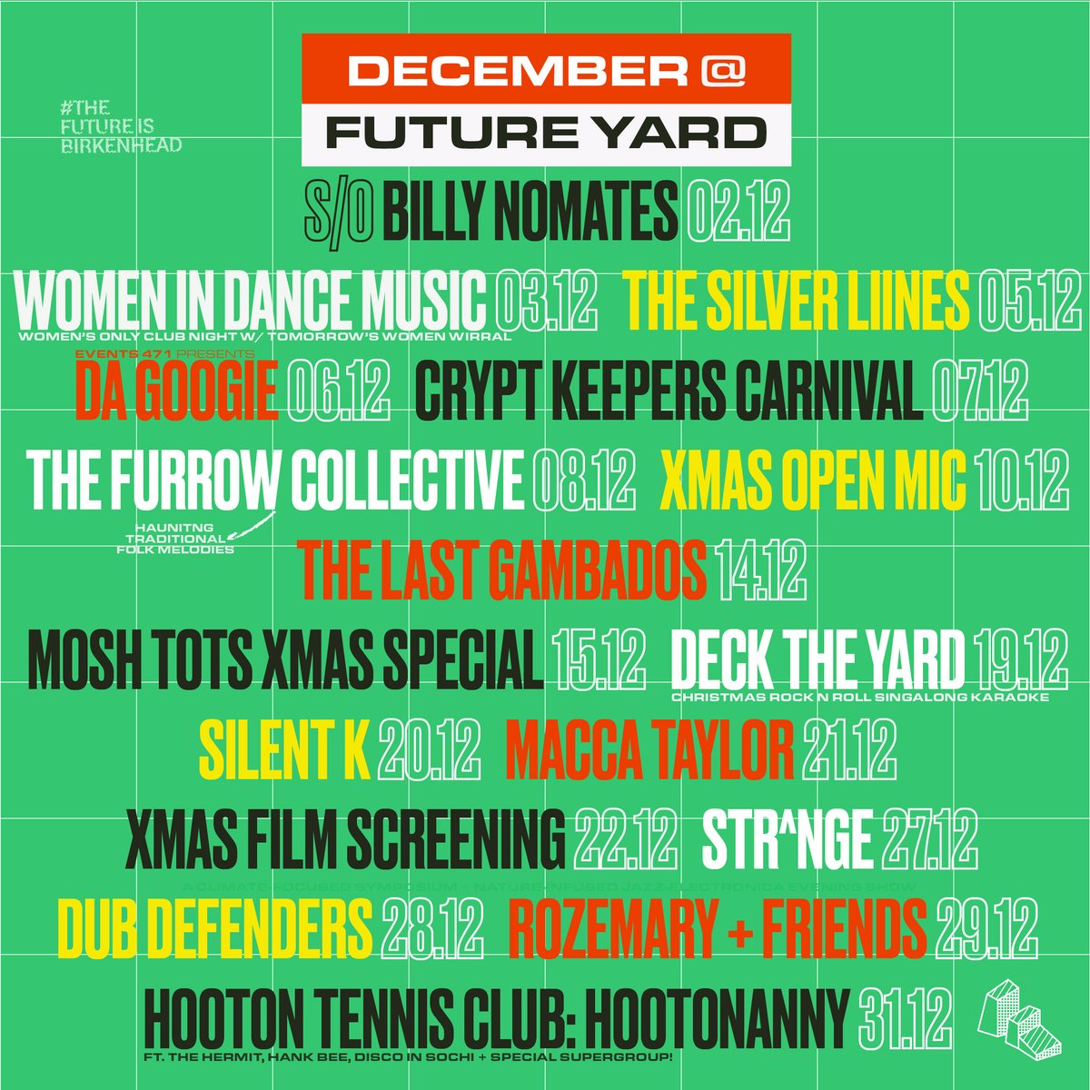 DECEMBER @ FUTURE YARD

The most wonderful time of the year brings an absolute smorgasbord of events for you to get stuck into at Future Yard.

futureyard.org/listings/