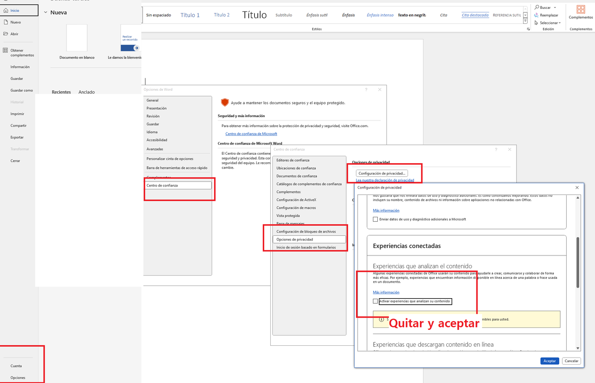 Iperezceron's tweet photo. Microsoft ha empezado a usar vuestros textos de Word para entrenar su IA. Para que no lo hagan, seguid estos pasos en Word: Archivo > Opciones > Ctro. confianza > Config. del centro conf. > Opciones de privac. > Config. privacidad > desmarcad "Experiencias conectadas". Compartid! https://t.co/qriv2AGCuo