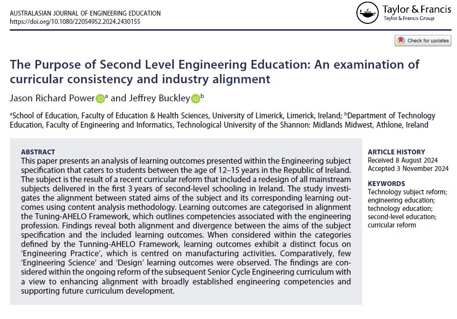 power_ul's tweet image. Our latest article considers the purpose of second level engineering education and compares recent curricular reforms to international engineering competency standards. Access through the link below or DM for a copy.
Link: tandfonline.com/eprint/VWPKDUH…