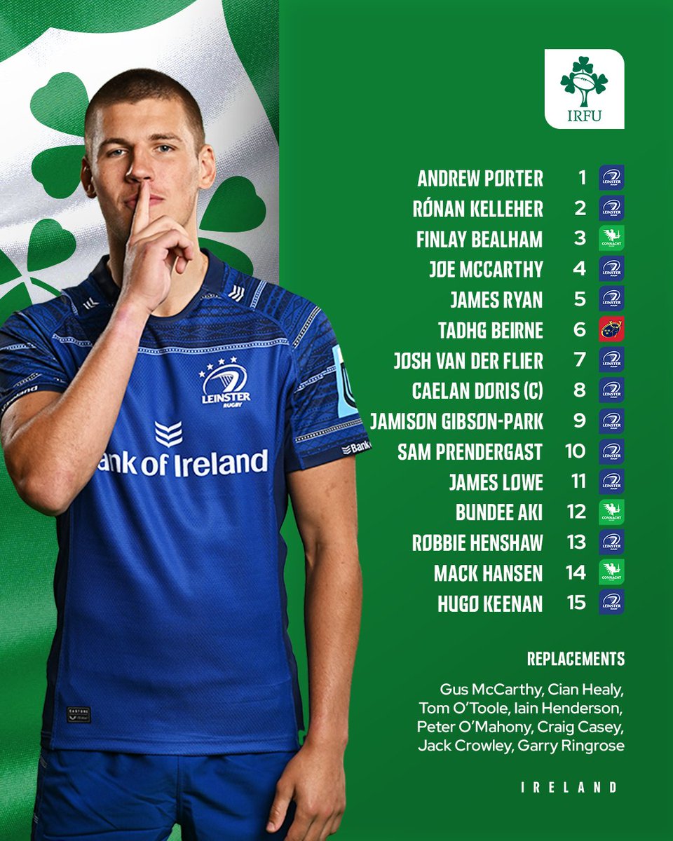 URCOfficial's tweet photo. Here's the @IrishRugby team for the 150th anniversary test match against Australia ☘️🆚🇦🇺

Who's taking home the W? 🏉

#AutumnNationsSeries | #IREvAUS https://t.co/c1iYzxXVoV