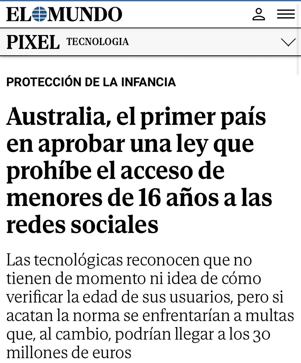 Australia, el primer país en aprobar una ley que prohíbe el acceso de menores de 16 años a las redes sociales elmundo.es/tecnologia/202…