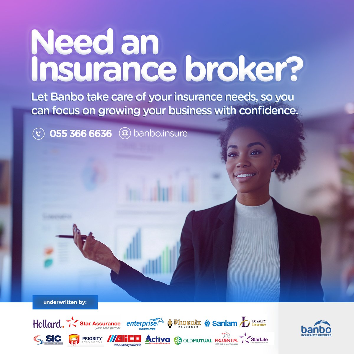 Focus on your business, we’ll handle the insurance.

#ChooseBanbo #WeGiveUMore #InsuranceGhana #Insurance #InsuranceBrokersGh #InsuranceBrokers