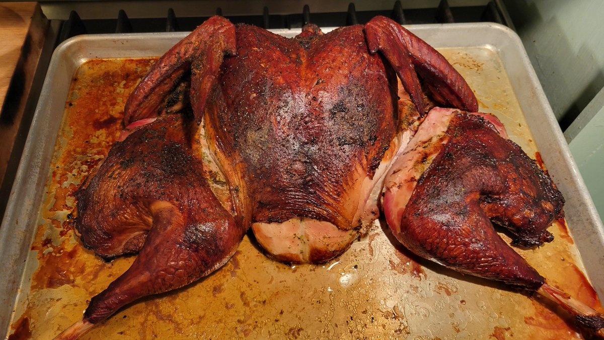 Smoked and spatchcock'd a turkey! Thanks <a href="/meathead/">Meathead "BBQ Hall of Famer, Hedonism Evangelist”</a> and amazingribs.com for the help! Simon and Garfunkel Rub.