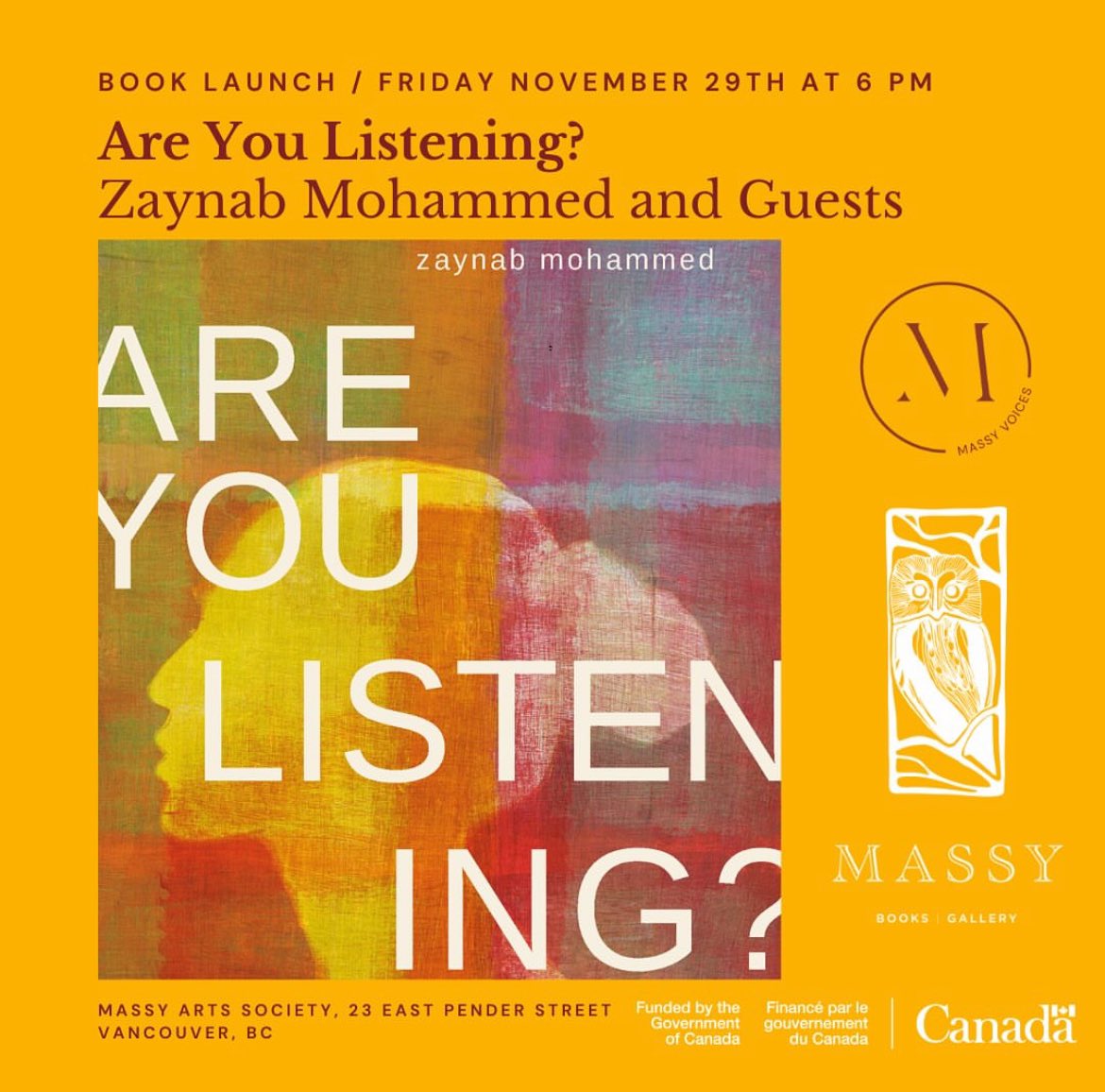 Tomorrow!! No need to register, just come to Massy Arts to hear Iraqi, Lebanese and Palestinian author, Zaynab Mohammed read!