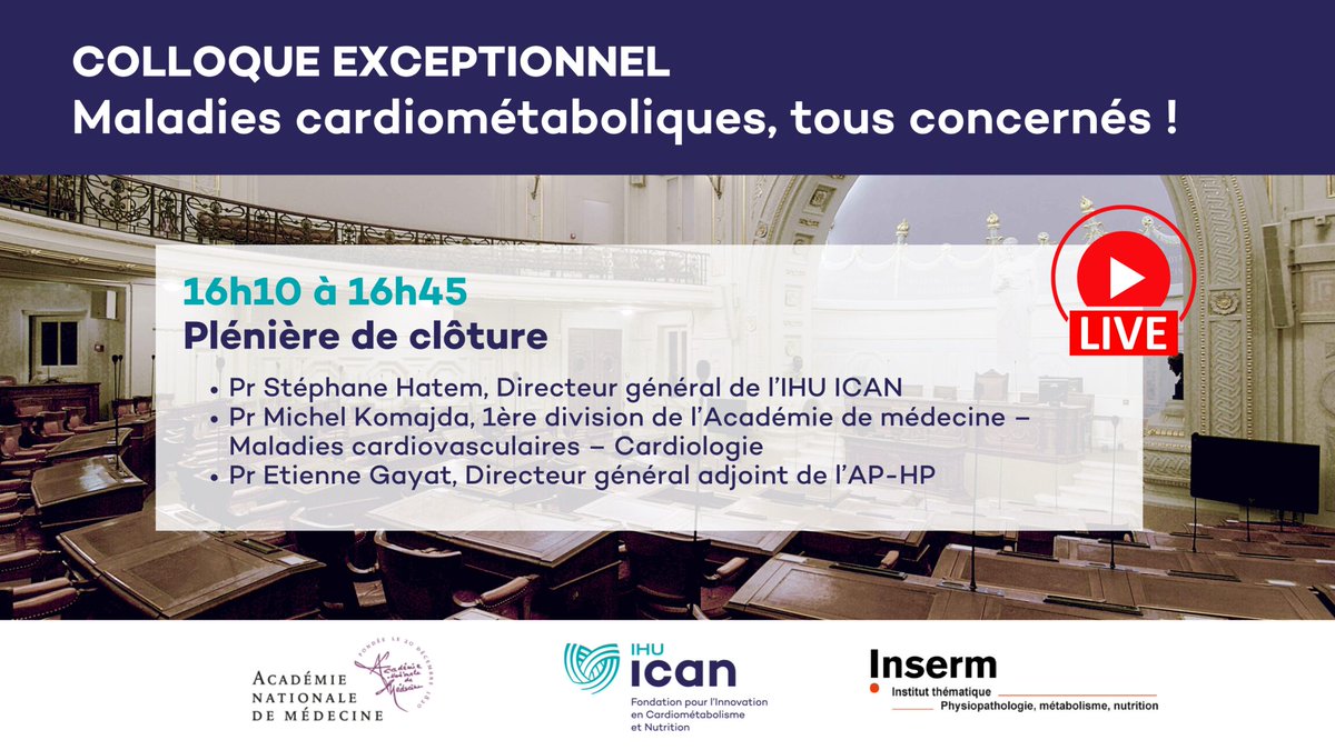 [#ColloqueMCM] Lancement de la plénière de clôture 

Pr Stéphane Hatem (<a href="/ICAN_Institute/">IHU ICAN</a>), Pr Michel Komajda (<a href="/acadmed/">Académie de médecine de France</a>), Pr Etienne Gayat (<a href="/APHP/">Assistance Publique – Hôpitaux de Paris (AP-HP)</a>)

🔴 Live YouTube : youtube.com/@ihu-ican/stre…

<a href="/Inserm/">Inserm</a> #cardiometabolisme
