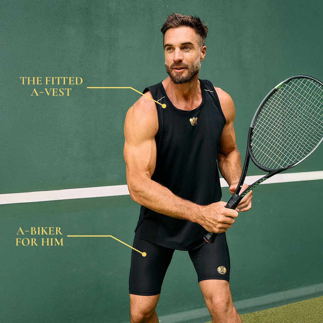 The fitted A-Vest and A-Biker for Him: the ultimate combo for any sport.  

Whether it’s tennis or padel this summer, stand out in style with the refined elegance of the Black and Gold line.