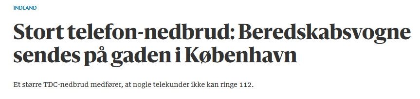 Dagens nyhed: Beredskabet på gaden med biler fordi 112 er nede.

Vores konference 10. december er da godt nok hot. Kommer du?

ida.dk/kritisk-infras…