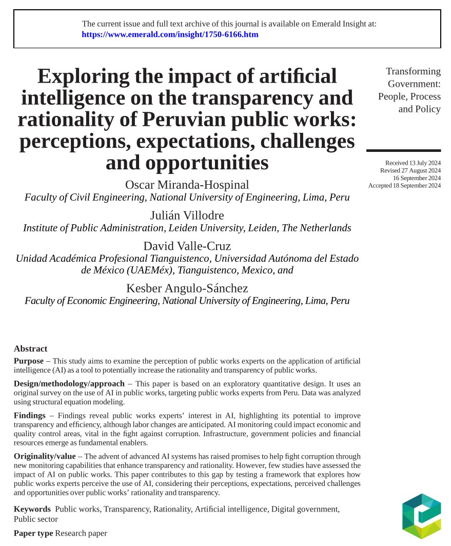 VillodreJulian's tweet image. 🚨New article with @neo_matrix_, Oscar Miranda-Hospinal, and Kesber Angulo-Sánchez published at @TG_EmeraldEdu. We explore the impacts of #AI on the transparency and rationality of public works in the context of Peru.

👉Link to the article: emerald.com/insight/conten…