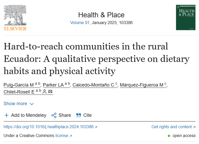 MartaPuigar's tweet photo. How can #environment, #culture and #gender influence diet and physical activity in isolated #rural communities in northern #Ecuador? 
Excited to share the results of our #qualitative research, now published in Health &amp; Place! @ceadproject
📖Open access https://t.co/kU1dja0MXb https://t.co/TPH70OjpHC