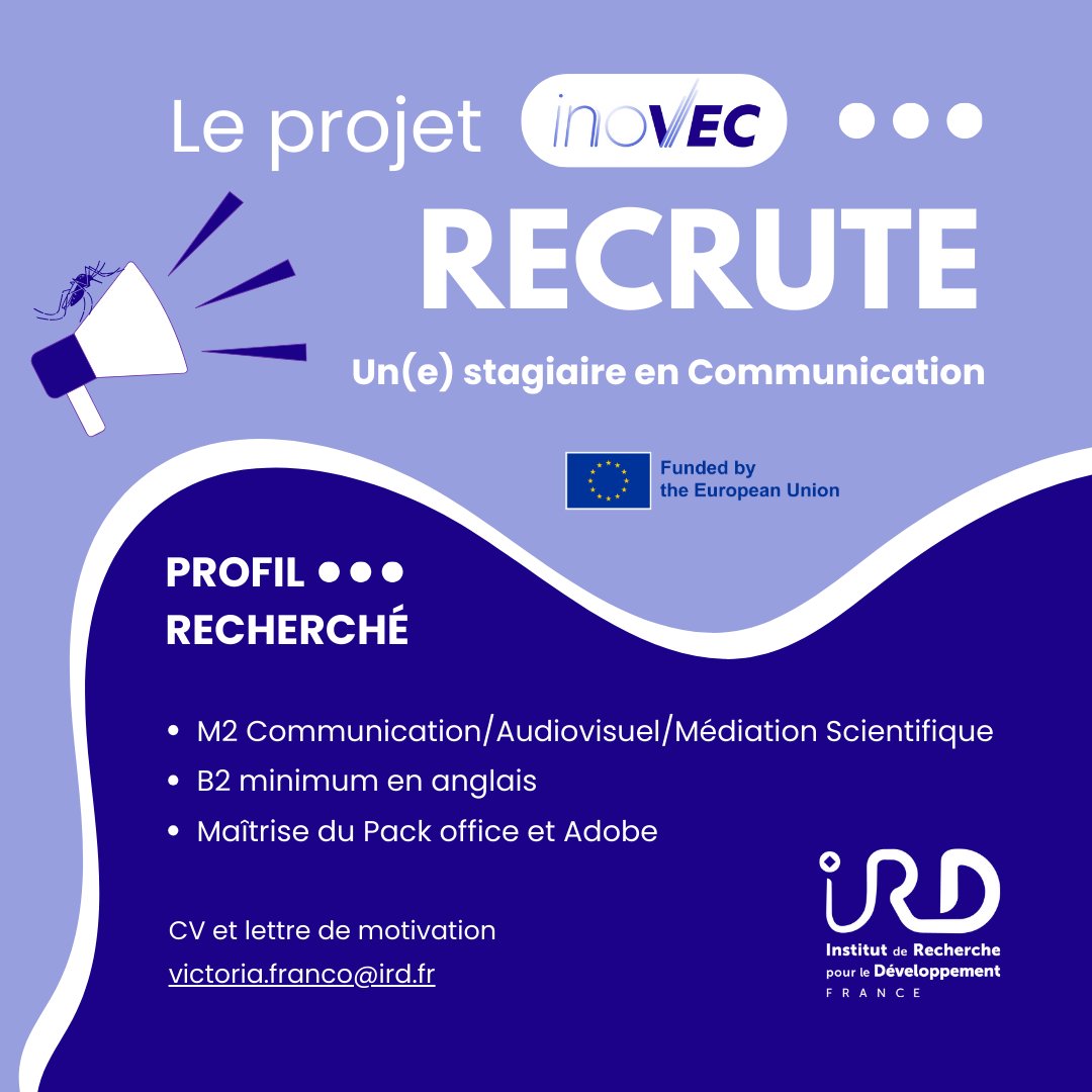 🎓 Stage M2 en Communication à l' <a href="/ird_fr/">IRD.fr</a> (Montpellier) 🌍
📅 4 à 6 mois dès fév/mars 2025
🎯 Profil : Rédaction (FR/EN), Pack Adobe, Wordpress
⏳ Candidatures jusqu’au 12/01/2025
📥 victoria.franco@ird.fr
🔎 Infos : inovecproject.com/wp-content/upl…
#Stage #Communication #IRD #INOVEC