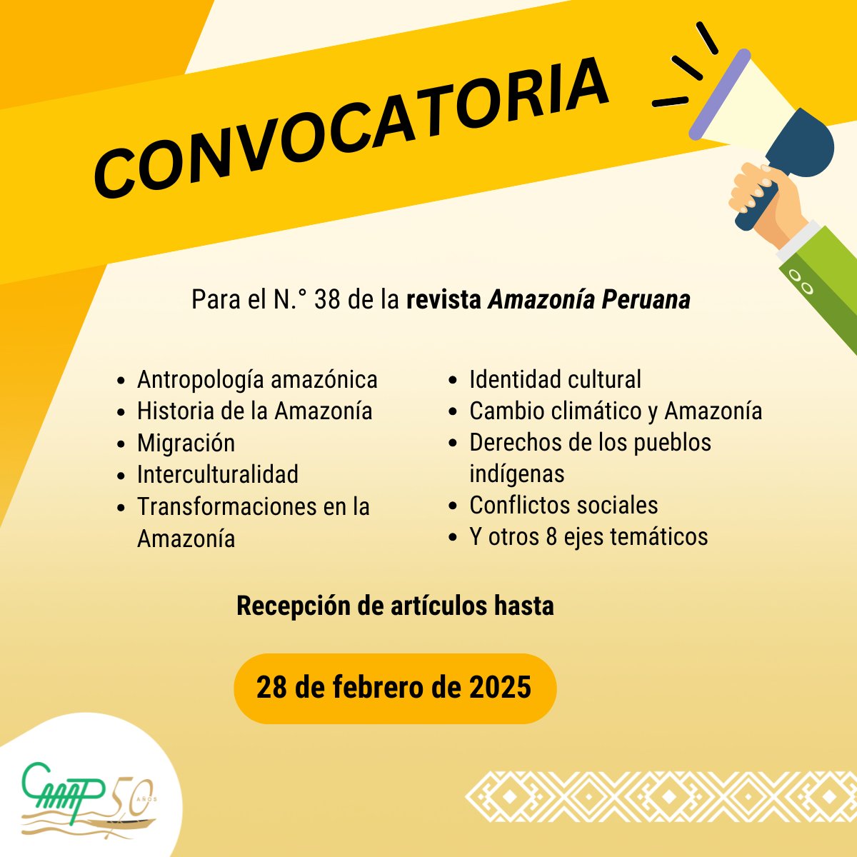 CaaapPeru's tweet photo. #Convocatoria 🟡  La #RevistaAmazoníaPeruana del #CAAAP busca artículos para su próxima edición. Si investigas sobre la Amazonía y pueblos indígenas, ¡te invitamos a postular! Revisa las bases aquí ▶️ https://t.co/Ypd18bwXUg https://t.co/WA7REE511j