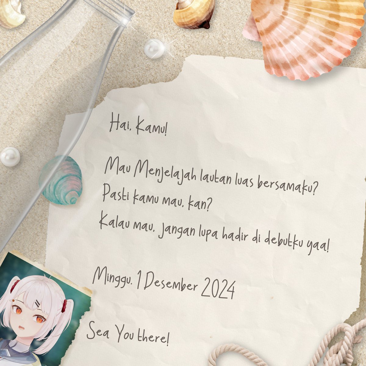 🌊【DEBUT INVITATION】🐠

Hai semua! Akhirnya momen yang kutunggu-tunggu datang juga~ Yuk kita menyelam ke debut spesialku:

🗓️: 1 Desember 2024
⏲️:  19.00 WIB
📍: youtube.com/live/V9jCW2vs6…

Kamu punya pesan dan kesan ? Boleh Isi di sini ya:
📰: forms.gle/VLoeQVD9Mt4KuX…