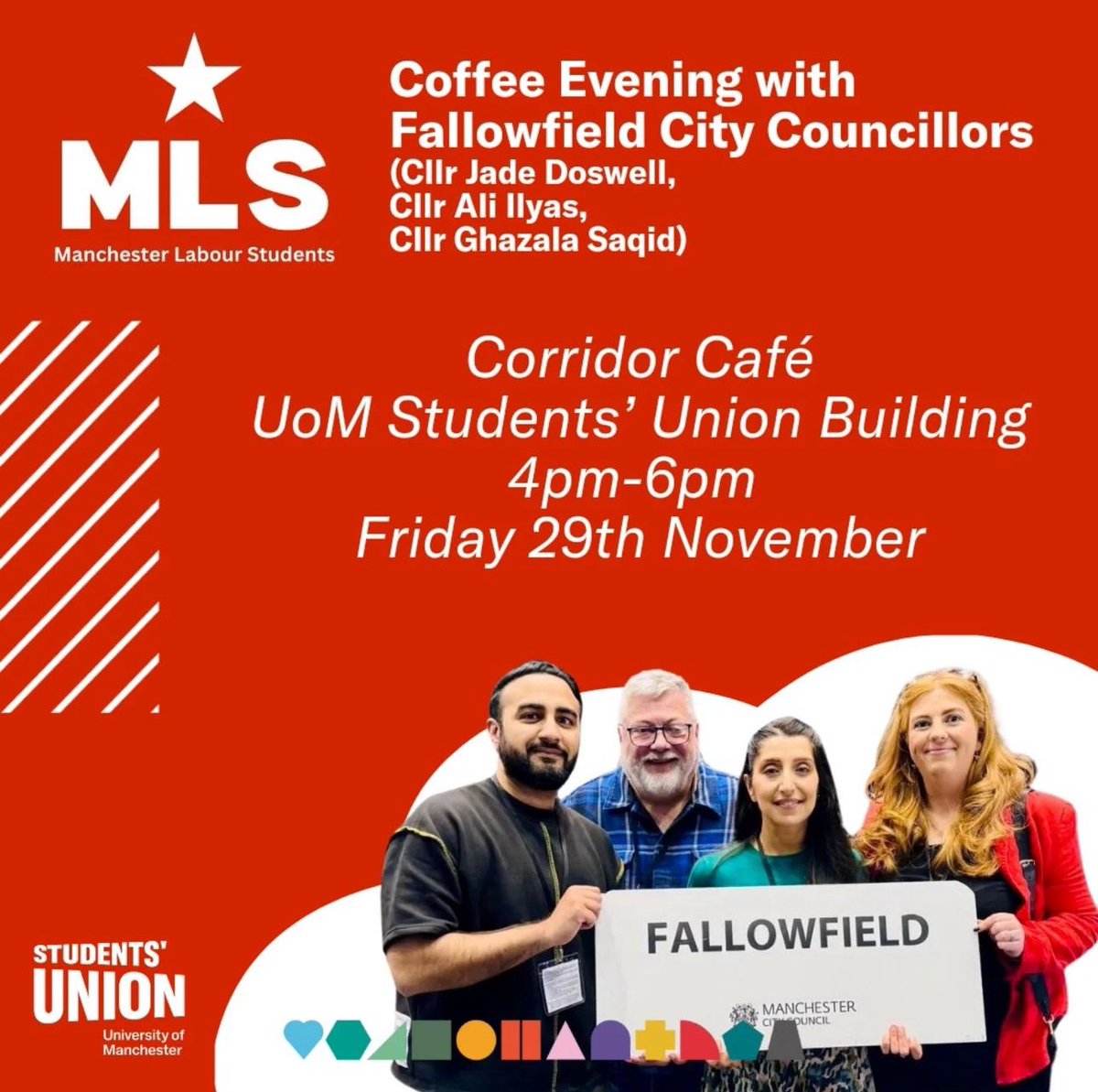 Join us for a coffee evening - tomorrow at 4pm at the University of Manchester’s Student Union. #Fallowfield #UniversityofManchester