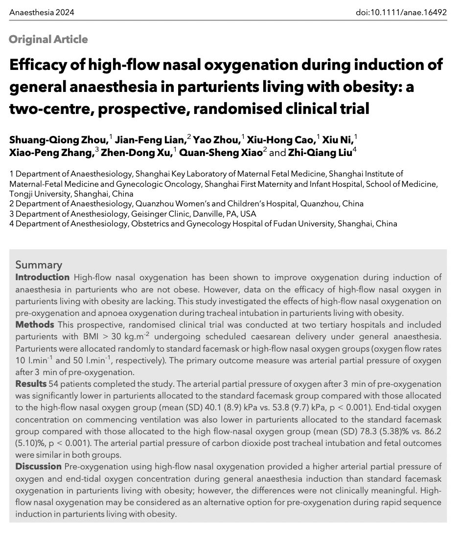 Anaes_Journal's tweet photo. Do you use high-flow nasal oxygenation during induction of general anaesthesia in parturients living with obesity?

Turns out there is NO clinically meaningful difference between the use of standard facemask oxygenation and high-flow!

https://t.co/vmnSGPdsMy https://t.co/QGohYY53Ru