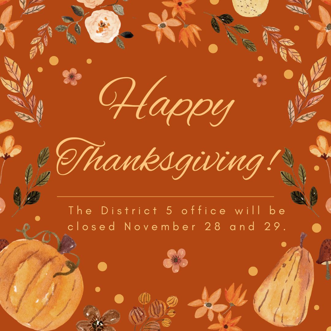 🦃🍂 Happy Thanksgiving from District 5! Today, we gather with gratitude for our community, family, and friends. May your day be filled with warmth, joy, and delicious food.