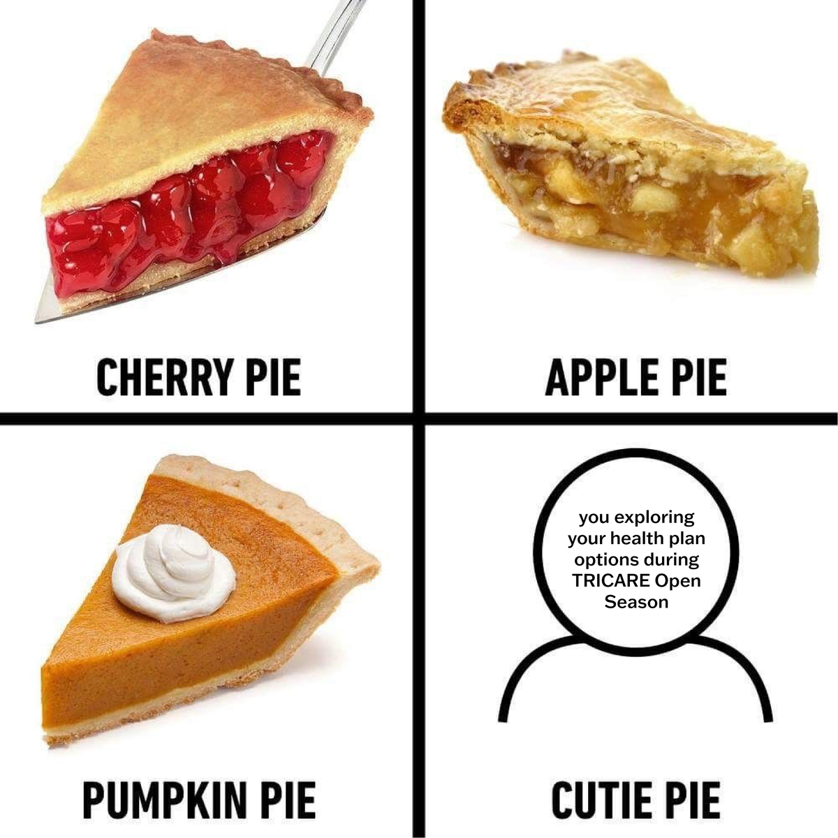 Pumpkin, apple, or pecan pie? 🥧 No matter your choice, having options is always sweet! Just like TRICARE Open Season, where you can choose the coverage that fits your needs.

Get started by visiting: tricare.mil/OpenSeason

#HappyThanksgiving