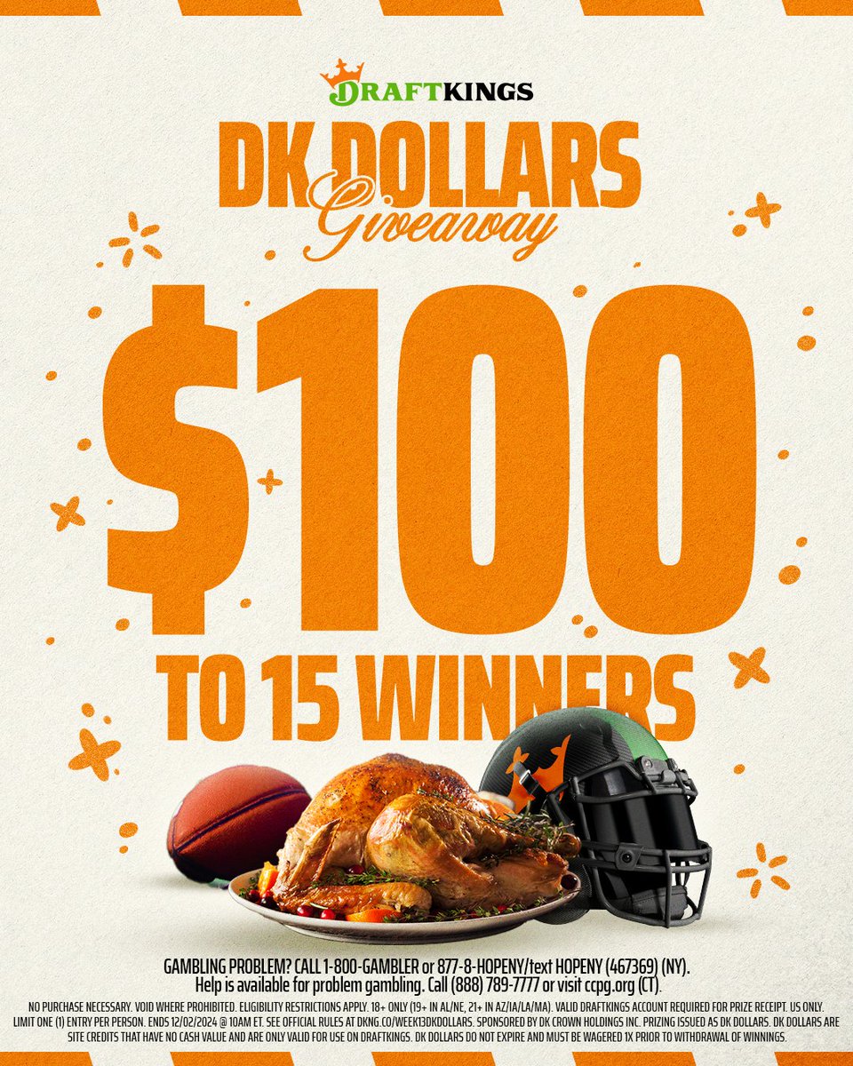 DraftKings's tweet photo. Thankful for Thanksgiving football 🏈 

Like this post and follow @DraftKings for your shot to win $100 DK Dollars.

Ends 12/2. 15 winners. Rules: https://t.co/IjTm79h2e0 https://t.co/fpjinLREnT
