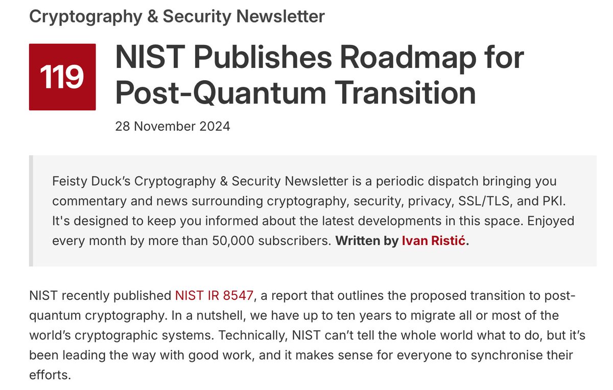 feistyduck's tweet image. Cryptography & Security Newsletter is out! In this issue:
- NIST Publishes Roadmap for Post-Quantum Transition
- Apple Tweaks Certificate Lifetime Proposal
- Let’s Encrypt Started Ten Years Ago
- There'll Be Some Changes Made
feistyduck.com/newsletter/iss…