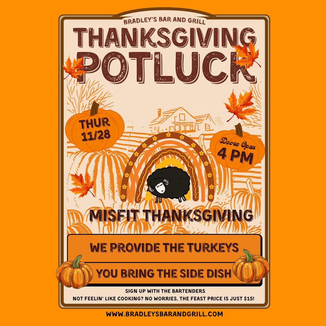 Bradleysba89109's tweet image. Happy Thanksgiving from all of us at Bradley's. No where to go tonight, join us for our annual Misfit Thanksgiving potluck. No time to cook, it's just $15 pp. #happythanksgiving #thanksgivingnight #eastcobbga