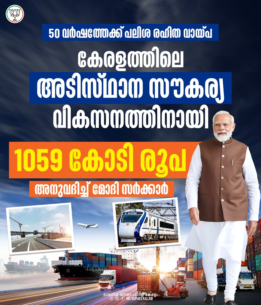 BJMM4Kerala's tweet photo. കേരളത്തിൻ്റെ അടിസ്ഥാന സൗകര്യ വികസനത്തിനു 1059 കോടി രൂപ അനുവദിച്ച് കേന്ദ്ര സർക്കാർ. 50 വർഷത്തേക്ക് പലിശ രഹിത വായ്പയായാണ് തുക അനുവദിച്ചിരിക്കുന്നത്. വിഴിഞ്ഞം തുറമുഖം, കൊച്ചി മെട്രോ ഉൾപ്പെടെയുള്ള വികസന പദ്ധതികൾക്കാണ് തുക ഉപയോഗിക്കാനാവുക. #KeralaThanksModi https://t.co/yYMaGCD17m