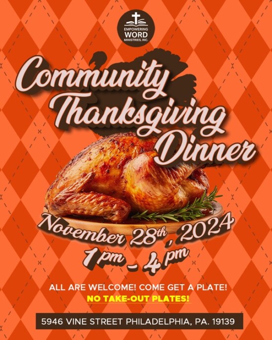 Happy Thanksgiving from ACHIEVEability! Check out @EmpoweringwordMinistrieschurch at 5946 Vine Street between 1-4pm for a festive dinner in the neighborhood. This is what a rising and thriving community looks like – taking care of each other! #WestPhillyStrong #CommunityDinner