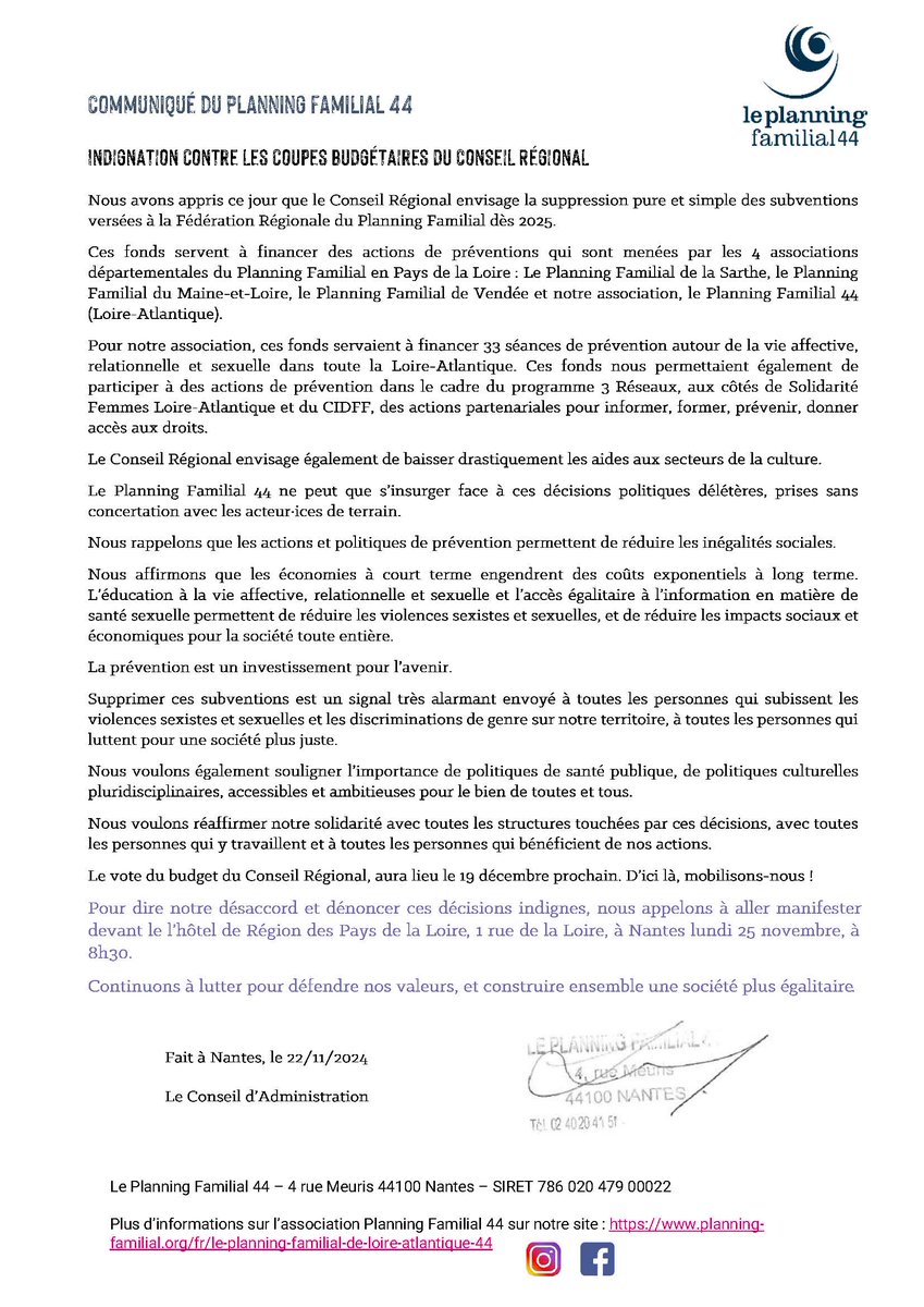leplanning's tweet photo. 📣COMMUNIQUÉ |  Le Conseil Régional @paysdelaloire veut supprimer les subventions versée au Planning familial Pays de Loire❌ 

⚠️Ces fonds financent des actions de prévention. Comment arrêter les violences sans éducation ?

🗓️Le vote du budget a lieu le 19/12, mobilisons-nous ! https://t.co/ZoimdZphns