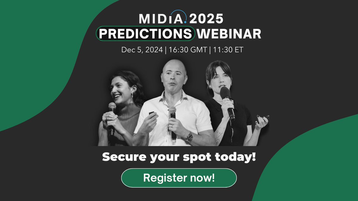 What will shape the future of entertainment in 2025? 🤔 Join us as MIDiA's experts share their predictions on the trends transforming music, video, games, and beyond.

Join our 2025 Predictions Webinar — don’t miss out!
🔗 Register here: ow.ly/4NjV50U8ZJn