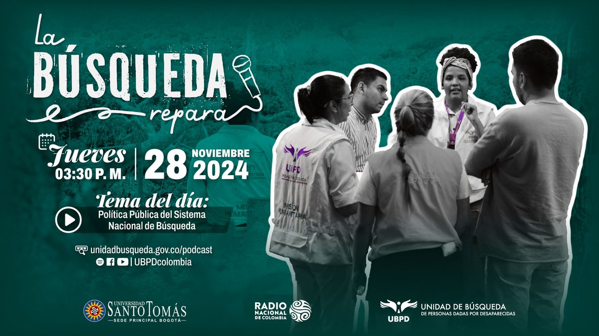 UBPDcolombia's tweet photo. 🎙️#Hoy: nueva emisión de #LaBúsquedaRepara🟣

🗣️Tema del día: política pública del #SistemaNacionalDeBúsqueda. 

Nos escuchamos a las 3:30 p. m. en nuestras plataformas digitales y en @RadNalCo.

➡️https://t.co/qh2tneu1G0
#LaBúsquedaNosUne https://t.co/q8VxmUa5O6