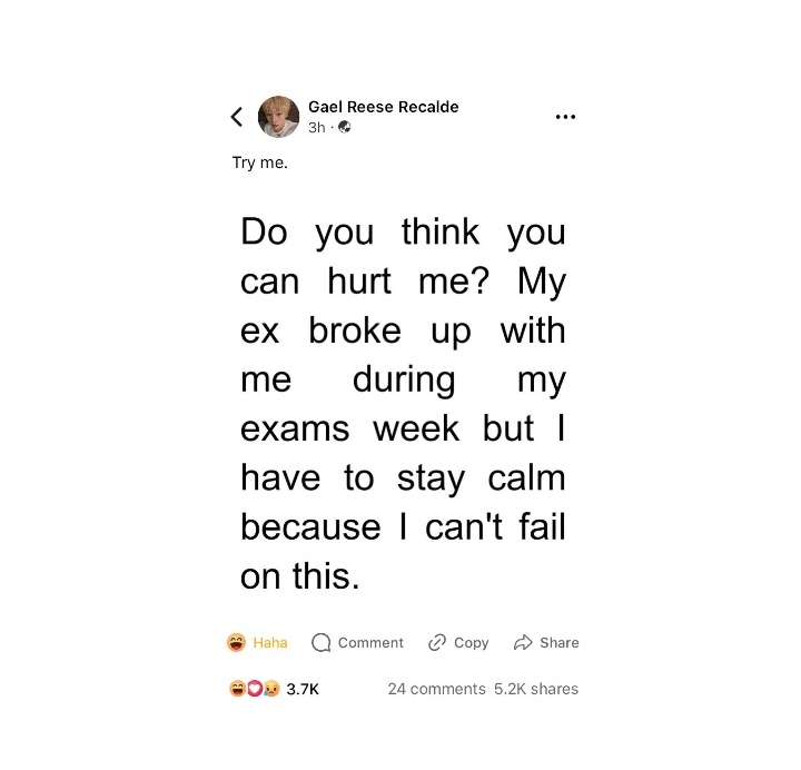 forsoulliesnk's tweet image. ex
a #sunki few tweets au

kung saan, nakipag-break ang ex ni gael (ksn) sa kaniya during his exams week.