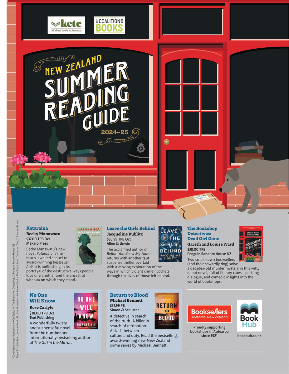Great to see some terrific #yeahnoir tales on the front cover of <a href="/KeteBooks/">ketebooksnz</a> / <a href="/BooksellersNZ/">Booksellers Aotearoa</a> Summer Reading Guide, which highlights some fabulous Kiwi reads released throughout 2024. Grab yourself some great books for yourself and others for the festive season and summer!