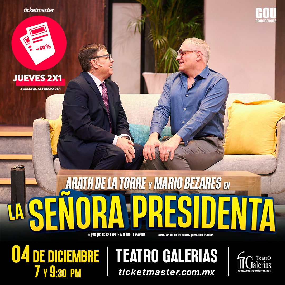 👠✨ Jueves 2x1 en Ticketmaster. La Señora Presidenta: Guadalajara 4 de diciembre y viernes, sábado y domingo en CDMX, Teatro México. 🎭 ¡Corre por tus boletos y vive la risa!