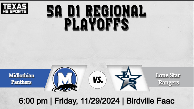 Lone Star vs. Midlothian
🏈5A D1 REGIONAL PLAYOFFS
📺 Live On: bit.ly/3Bv8SsT
📅 Friday , 11/29/2024
⏰ 6p.
📍 Birdville Faac
🎟 gofan.co/event/2341782?……

<a href="/LSHSRangers/">Lone Star Rangers</a> <a href="/LSHS_FBRecruits/">Lone Star HS Football Recruiting</a> <a href="/CoachJRayburn/">Jeff Rayburn</a> <a href="/LSHSYearbook/">LSHS Yearbook</a> <a href="/LSFNBoosters/">LSFNBoosters</a> <a href="/LSHSstudsec/">LSHS Student Section</a> <a href="/lshsrangerband/">Lone Star HS Band</a>
