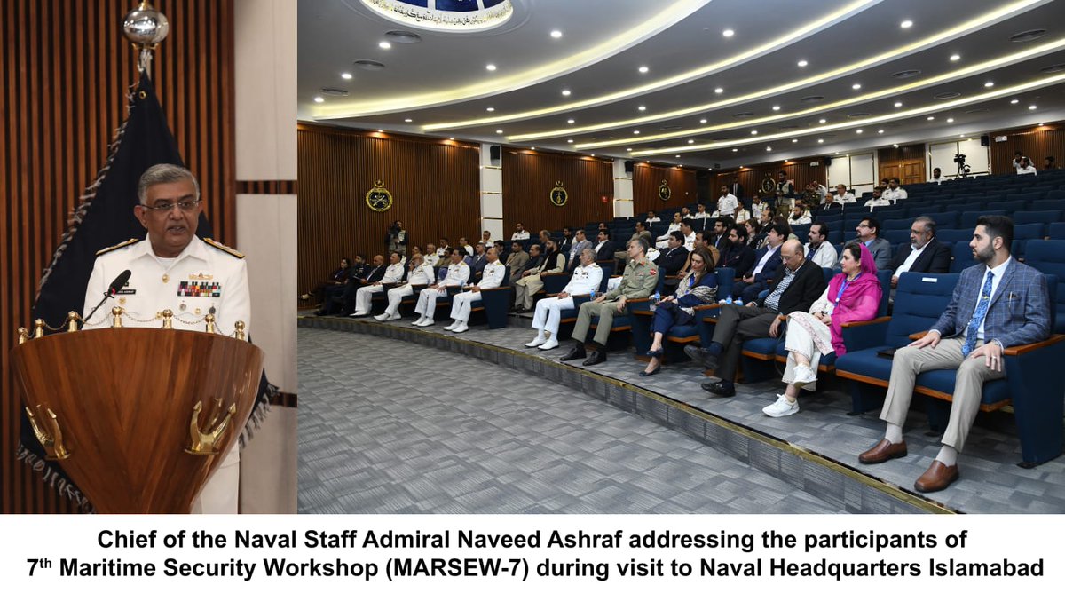 dgprPaknavy's tweet photo. Naval Chief highlighted Pak Blue Economy potential &amp; emphasized efforts to enhance maritime &amp; coastal security through initiatives like #RMSP &amp; #CS&amp;HD Force. Visiting delegation offered valuable suggestions &amp; praised #PakNavy contributions. (2/2) https://t.co/p1BrlMU4hG