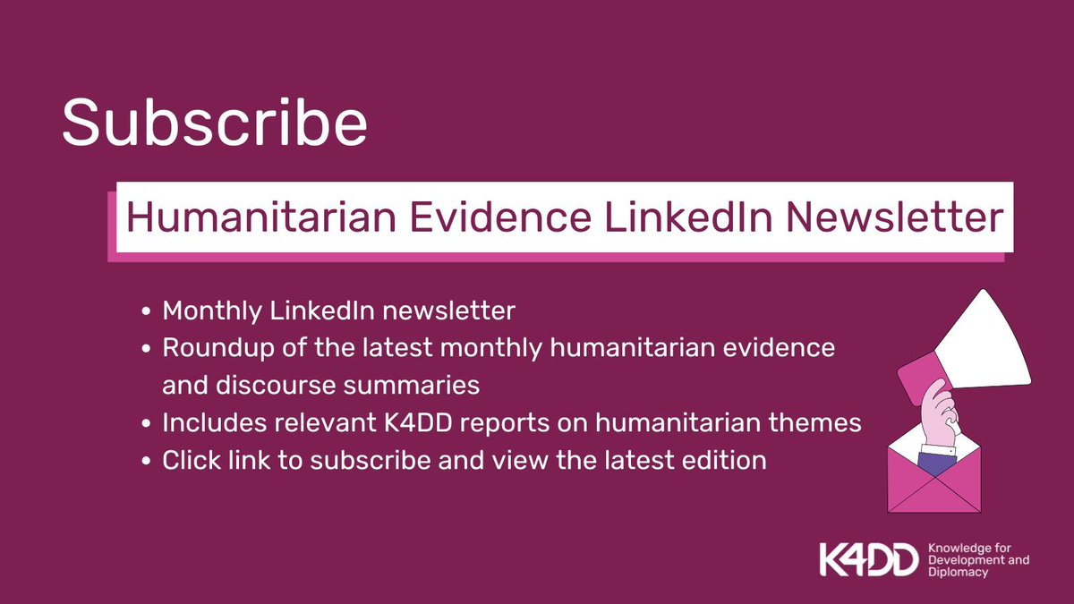 K4DD (@k4d_info) on Twitter photo We've started a new monthly newsletter over on LinkedIn!
We'll be sharing a roundup of the latest humanitarian evidence and discourse summaries produced monthly by <a href="/lukekelly546/">Luke Kelly</a> from <a href="/HCRInstitute/">HCRInstitute</a>
Sign up here đź”—
buff.ly/3CMe0JQ We've started a new monthly newsletter over on LinkedIn!
We'll be sharing a roundup of the latest humanitarian evidence and discourse summaries produced monthly by <a href="/lukekelly546/">Luke Kelly</a> from <a href="/HCRInstitute/">HCRInstitute</a>
Sign up here đź”—
buff.ly/3CMe0JQ