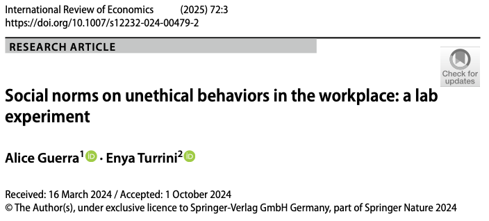 EnyaTurrini's tweet photo. Glad to announce that my first ever paper has been published today on  International Review of Economics!

"Social norms on unethical behaviors in the workplace: a lab experiment", written with Alice Guerra, is available here: https://t.co/lpk7rwGQBQ https://t.co/rKhLCLVPpo