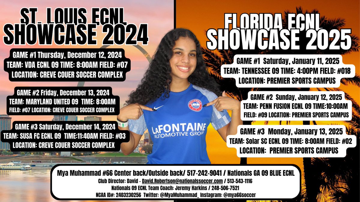 Mya Muhammad (@myamuhammad_) on Twitter photo St. Louis ECNL Showcase and Florida ECNL Showcase updated...
<a href="/ImYouthSoccer/">ECNL/GA/Recruiting/College Soccer</a>
<a href="/ImCollegeSoccer/">College Soccer Truth ™</a>
<a href="/09NationalsBlue/">Nationals 09 Blue ECNL</a>
<a href="/NationalsGA/">Nationals Girls Academy</a>
<a href="/ECNLgirls/">ECNL Girls</a>
<a href="/PrepSoccer/">Prep Soccer ⚽️</a> St. Louis ECNL Showcase and Florida ECNL Showcase updated...
<a href="/ImYouthSoccer/">ECNL/GA/Recruiting/College Soccer</a>
<a href="/ImCollegeSoccer/">College Soccer Truth ™</a>
<a href="/09NationalsBlue/">Nationals 09 Blue ECNL</a>
<a href="/NationalsGA/">Nationals Girls Academy</a>
<a href="/ECNLgirls/">ECNL Girls</a>
<a href="/PrepSoccer/">Prep Soccer ⚽️</a>