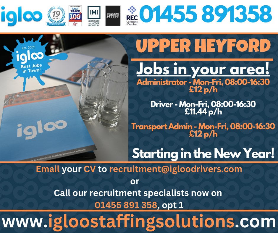 We’re hiring for Admin and Driver roles in Upper Heyford! 🚗📋

 ☎️Call us on 01455 891358 (option 1)
📩 Or email your CV to recruitment@igloodrivers.com

Apply today and secure a new role for the New Year!