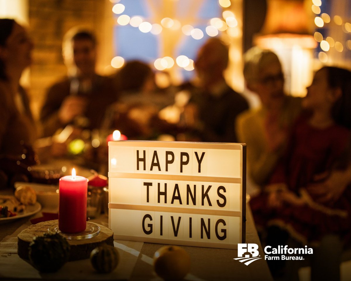 CAFarmBureau's tweet photo. Happy Thanksgiving from our family to yours! 

We are grateful for all the hardworking farmers and ranchers who dedicate themselves to bringing forth the abundant bounty that is California's agriculture every single day. What are you thankful for today?

#CAFarmBureau #CAFB https://t.co/crJS9vqYKy