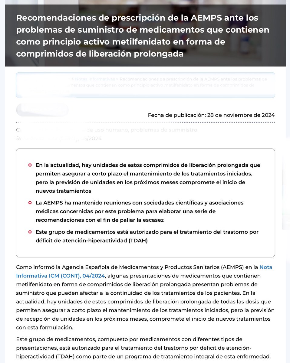 NoInvisibles's tweet photo. Falta de presentaciones de #metilfenidato de liberación prolongada en #Farmacias‼️
Este grupo de medicamentos está autorizado para el tratamiento del trastorno por déficit de atención-hiperactividad #TDAH
La @AEMPSGOB emite estas recomendaciones👇
https://t.co/POm6AXJ20H https://t.co/mQHrWAbHMO