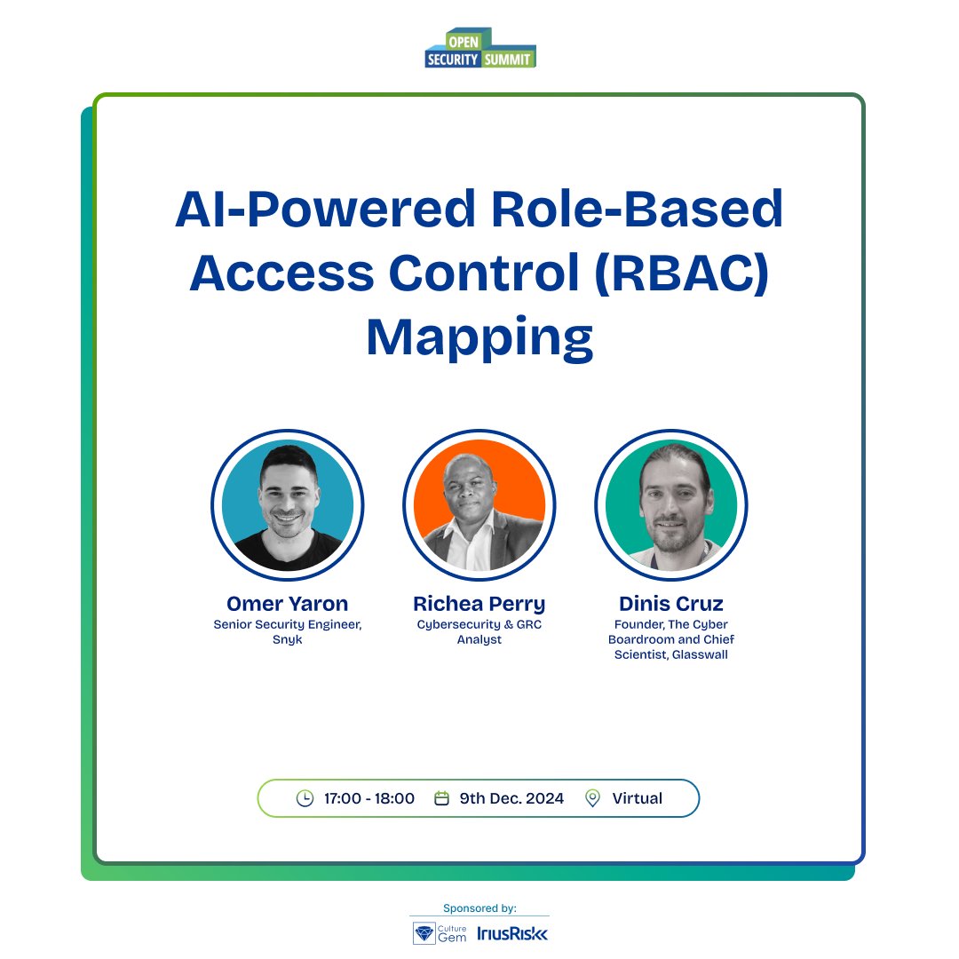 opensecsummit's tweet photo. 🤔 Can AI revolutionize access control?

Join us for the AI-Powered Role-Based Access Control (RBAC) Mapping session on Dec 9th at 17:00 by Omer Yaron | Richea Perry | @DinisCruz

📌 Register FREE Now: https://t.co/3iffwCVQzV

#CyberSecurity #OSS2024 #AI #RBAC https://t.co/62tRDnCtP9